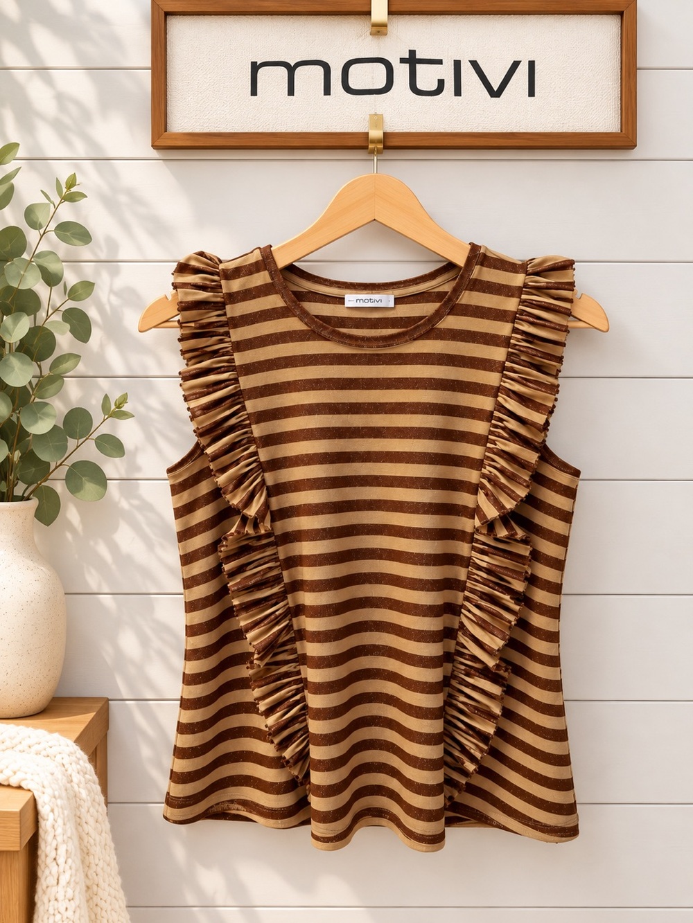 Motivi Sparkly Striped Ruffle Top – Size M
